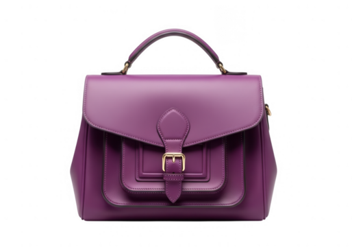 Elegant purple satchel bag with gold buckle isolated on transparent background