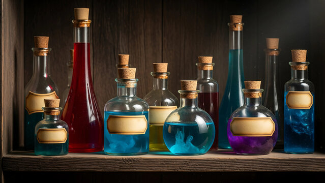 Assorted Magic Potion Bottles with Blank Labels on Wooden Shelf