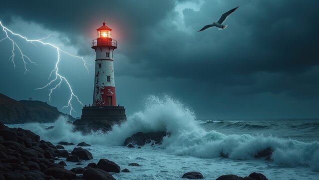 Storm-lit lighthouse standing firm against crashing waves and dark skies, capturing the resilience of nature during extreme weather for environmental awareness and education.