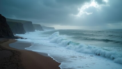 Stormy British coastline with crashing waves and dark clouds, illustrating hazardous sea conditions for climate change awareness, environmental stories, or weather education.