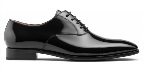 A glossy black leather dress shoe is presented in a side profile against a bright white background. The shoe features a sleek, polished surface, a classic lace-up closure,