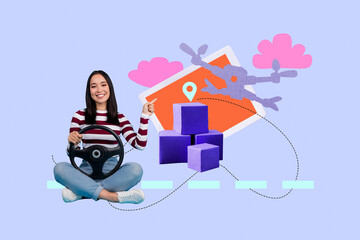 Pop banner full 3d photo collage of happy girl guy stand tablet screen geolocation box shipment drone technology shipment