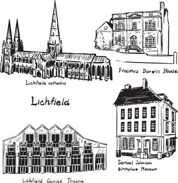 Ink drawing of Lichfield landmarks, including Lichfield Cathedral, Erasmus Darwin House, Samuel Johnson Birthplace Museum, and Lichfield Garrick Theatre, black and white line art travel sketch.