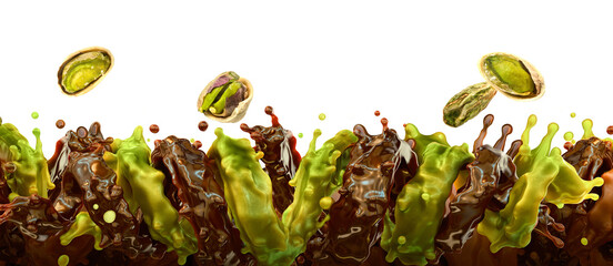 Dubai chocolate splash with fudgy pistachio nut cream, crunchy kataifi, on white background. Confectionery branding, candy snack packaging, sweet food advertising, trendy dessert, gourmet pastry. 3D