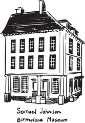 Fototapeta premium Ink drawing of Samuel Johnson Birthplace Museum in Lichfield England, historic house of English writer and lexicographer, Georgian townhouse sketch in black and white line art.