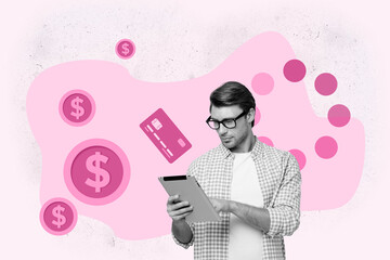 Collage of surprised person surrounded by dollar symbols and credit card representing income earnings and currency concept