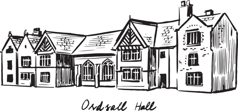 Ink sketch of Ordsall Hall in Salford England, Tudor style timber-framed manor house, black and white architectural line art illustration of historic landmark.