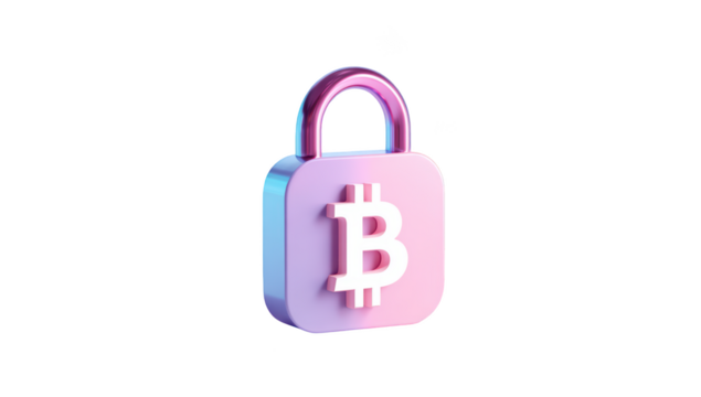 Crypto lock with a Bitcoin symbol, illuminated and isolated on black