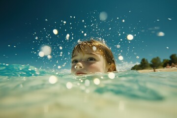 Young boy swimming in turquoise sea with splashing water under bright summer sky