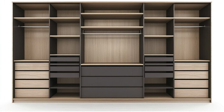 A large, modern walk-in closet is presented against a black background. The closet features a long, dark wood frame with multiple shelves, hanging rods, and drawers. 
