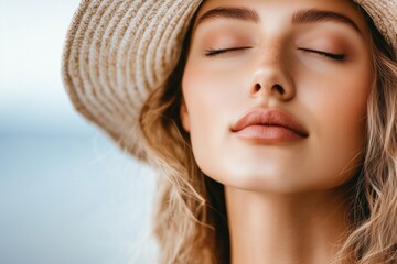 Beautiful woman in straw hat with closed eyes enjoying sunlight and peaceful summer vibes outdoors