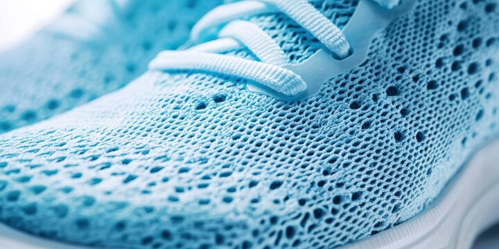 A close-up shot of a light blue running shoe with a breathable mesh upper. The laces are tied in a simple knot. The shoe has a white sole and a textured pattern. - Powered by Adobe