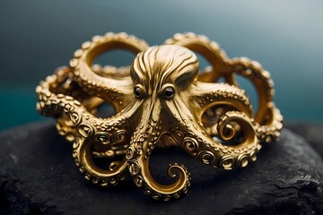 Obraz premium Intricate golden octopus figurine resting on a dark stone surface Generative AI