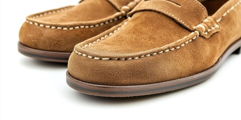 A pair of brown suede loafers sits on a white surface. The shoes have a classic design with a leather strap across the vamp and white stitching detailing the edges.