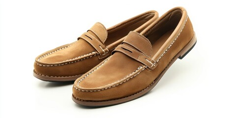 A pair of brown leather loafers sits on a white surface. The shoes have a suede texture and a classic penny loafer design with a grosgrain strap across the vamp. 
