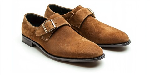 A pair of brown suede brogues with a prominent buckle strap sits on a white surface. The shoes have a sleek, polished appearance with a smooth leather sole and a classic, formal design. 