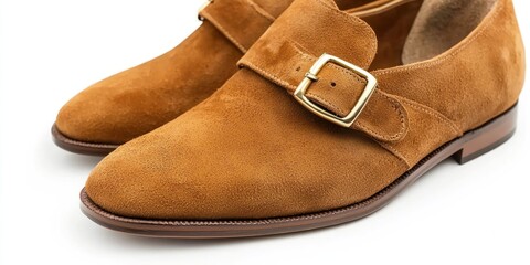 A pair of brown suede loafers sits on a white surface. The shoes have a distinctive strap closure with a large, gold-colored buckle. 