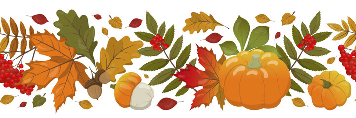 Vector illustration showcasing vibrant autumn elements including pumpkins, colorful leaves, and berries. Perfect for seasonal designs, highlighting the rich colors of fall.