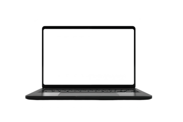 Sleek laptop with black screen, keyboard visible, set against deep black background