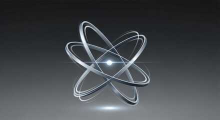 Modern atom icon with orbiting electrons on a dark background, representing science, technology, physics, and molecular structure