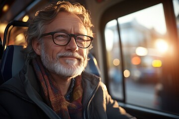 Smiling senior man with beard and glasses enjoying sunset light in urban outdoor setting.