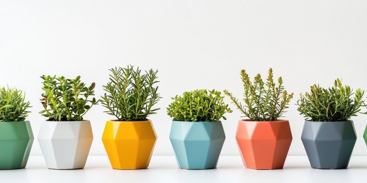 A row of geometric, colored plant pots sits on a white surface. Each pot contains a small, green shrub. The pots are arranged in a linear fashion