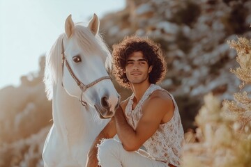 Smiling young man standing with white horse outdoors symbolizing friendship freedom and harmony.