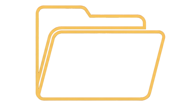 Open folder icon in a golden outline on a transparent background, representing file storage, data organization, and digital archives