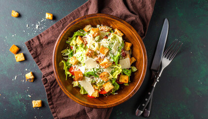 Overhead Shot of Caesar Salad with Croutons and Parmesan on Dark Green Background.epicure, italian food, professional, cookery, health food, menu, attractive, crouton, culinary, eat, Generative AI
