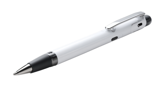 White pen with silver accents; black grip. Sleek design. Camera/recorder built-in