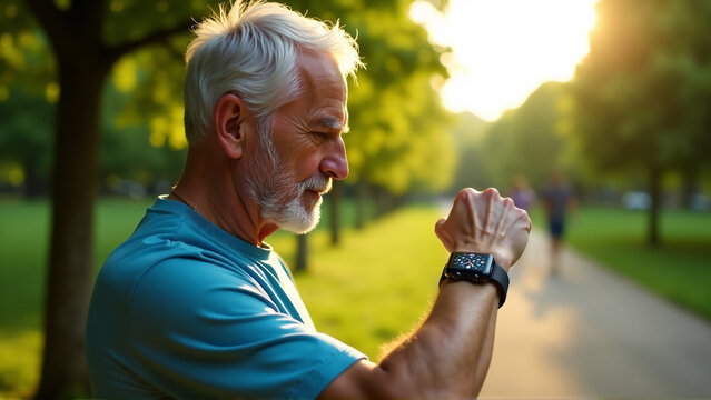 Active Senior Tracking Health with Smartwatch