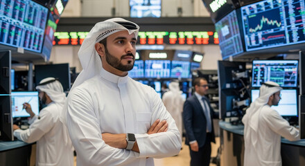 Confident Arab Businessman in Traditional Attire on a Dynamic Stock Exchange Floor