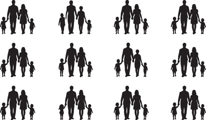 Black silhouettes of families in walk, vector