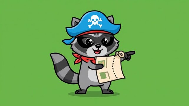 Cartoon raccoon dressed as a pirate, wearing a hat and bandana, holding a treasure map and pointing to the right.