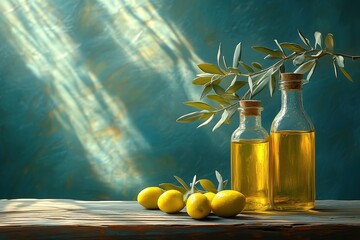 Fresh olive oil bottle with olives on rustic wooden table under warm sunlight rays.