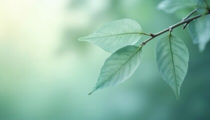Close-up of fresh green mint leaves on branch. Soft light illuminates subtle veins, delicate texture against blurred tranquil background with gradient colors. Natural organic beauty for eco-friendly