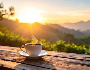 Beautiful Warm Morning Coffee Cup Enjoying Nature Landscape Drink