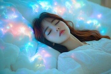 Peaceful young woman sleeping surrounded by glowing dreamy lights creating magical relaxing atmosphere.