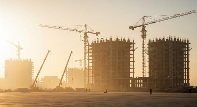 Large scale construction site with multiple cranes and buildings under development against a hazy sky, showcasing significant urban expansion.
