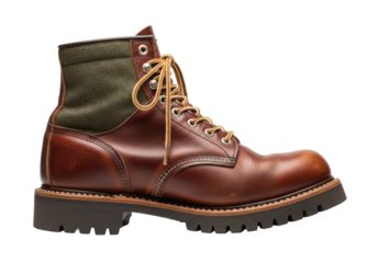 A single vintage rugged work boot, distressed mahogany leather, olive green canvas accents, thick off-white laces, chunky well-worn rubber sole on a transparent background. Concept of rugged utility