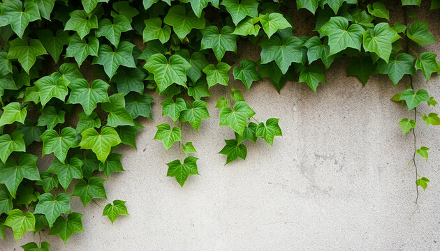 Lush green ivy vine with heartshaped leaves growing on a textured gray concrete wall creating a natural frame. - Powered by Adobe