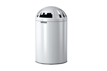 Sleek white cylindrical trash receptacle with domed lid and side access for disposal