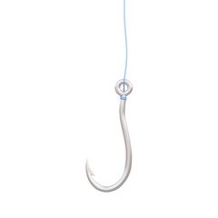 Silver fishhook with rope icon on isolated background. Equipment tackle empty trap. 3D rendering illustration