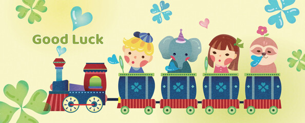 Children and animals driving a clover train and blowing bubbles for good luck!