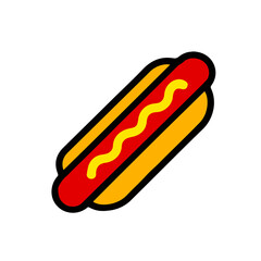 Hot dog icon with sausage and mustard in a bun. Great for fast food, street food, junk food illustration, restaurant menu, and snack design.