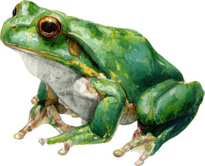 Obraz premium Close-up detailed view of a vibrant green tree frog with striking red eyes perched on a surface Watercolor PNG