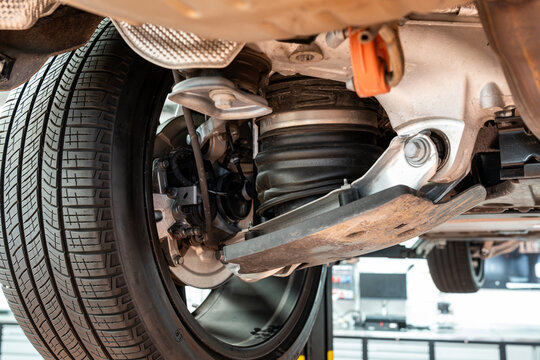 Car rear axel assembly with control arm, air suspension shock absorber with rubber boot. Wide angle, looking up shot of a lifted car in a repair shot, no people