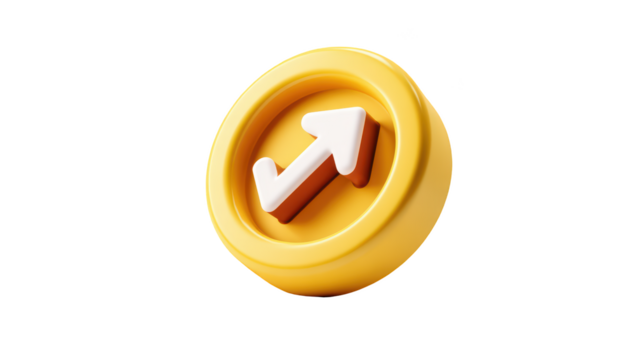 3D rendered yellow coin with a white upward-right arrow
