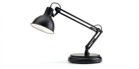 A black adjustable desk lamp with a classic design stands on a round base. The lamp features a flexible arm and a shade that directs light.