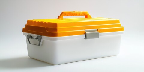 A white plastic toolbox with a yellow lid and handle sits on a white surface. The toolbox has a hinged lid and a metal latch.